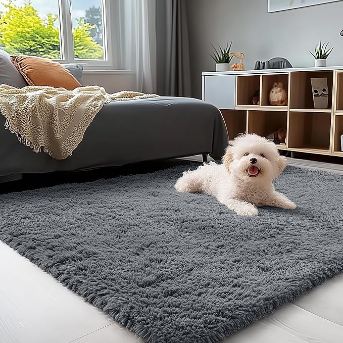 Soft shag rug styled in a modern minimalist living room