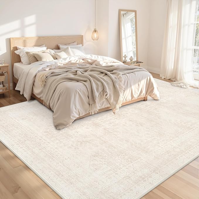 Large 8x10 beige area rug in a bedroom adding soft low-pile comfort
