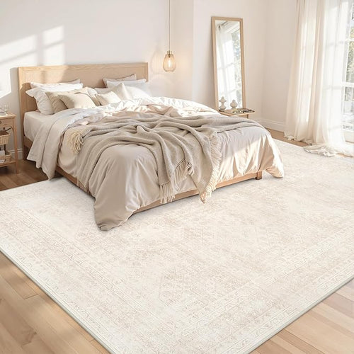 Large 8x10 beige area rug in a bedroom adding soft low-pile comfort