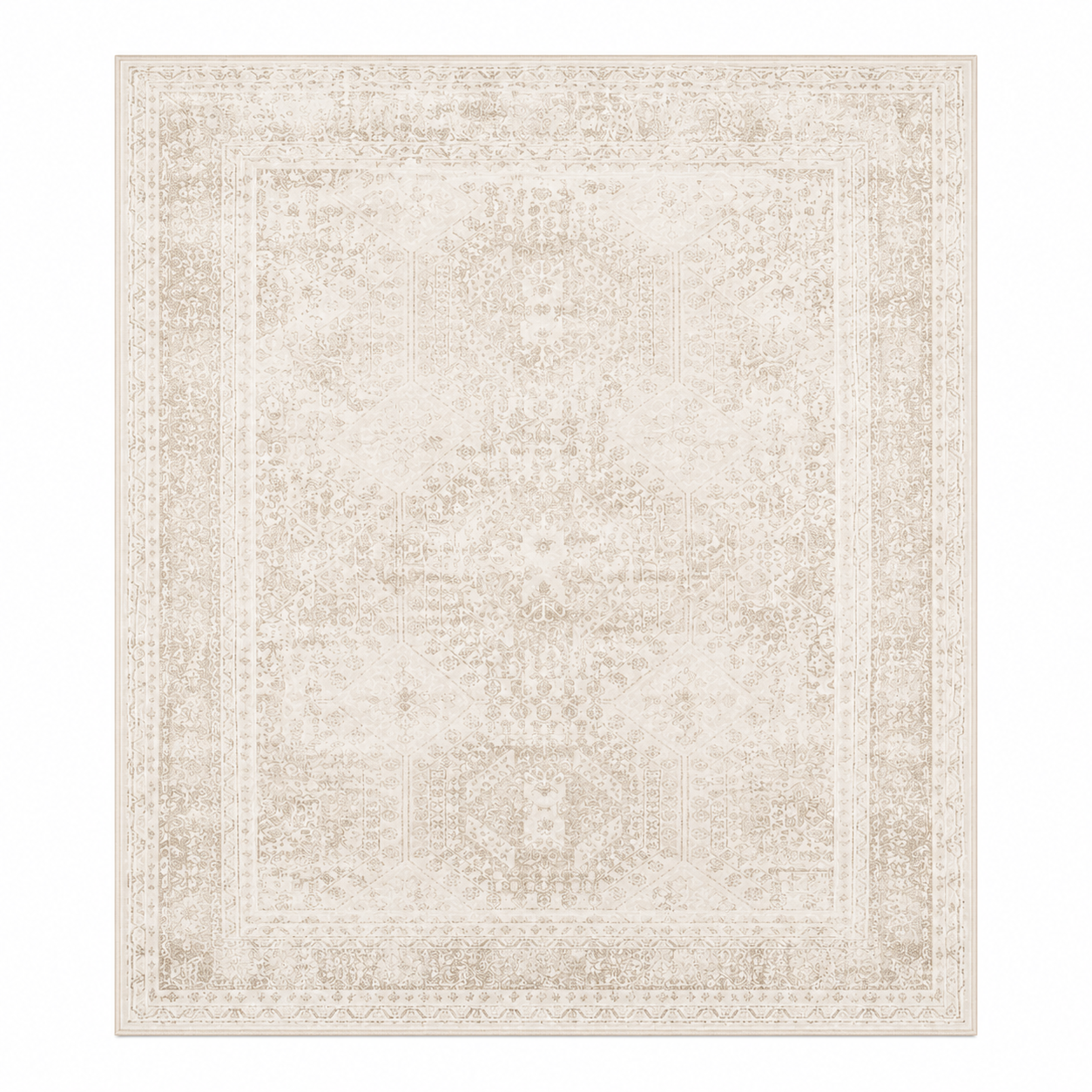 Vintage boho beige rug anchoring a living room with neutral furniture