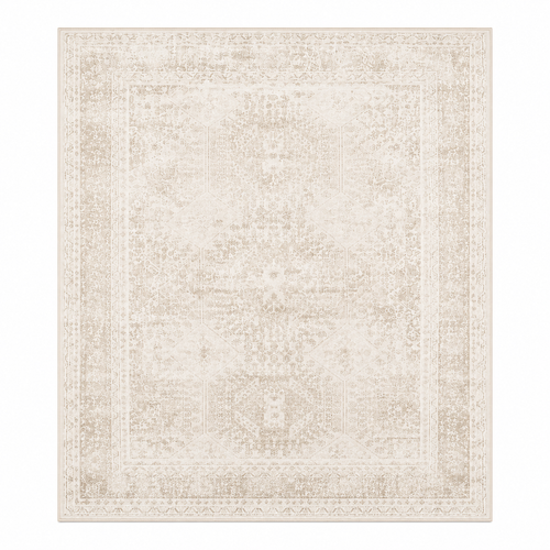 Vintage boho beige rug anchoring a living room with neutral furniture