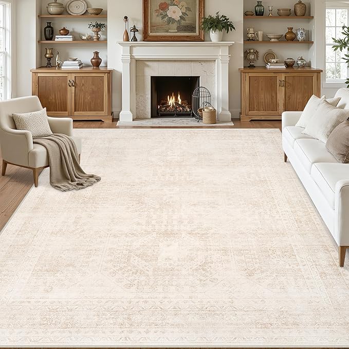 Distressed vintage rug under a dining table, low pile and non-slip