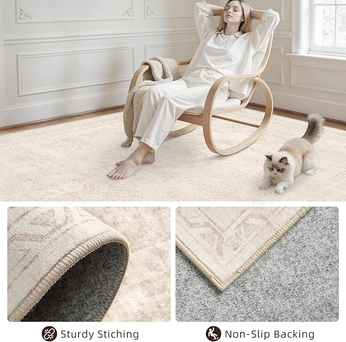 Soft low-pile surface of the washable beige area rug shown in detail