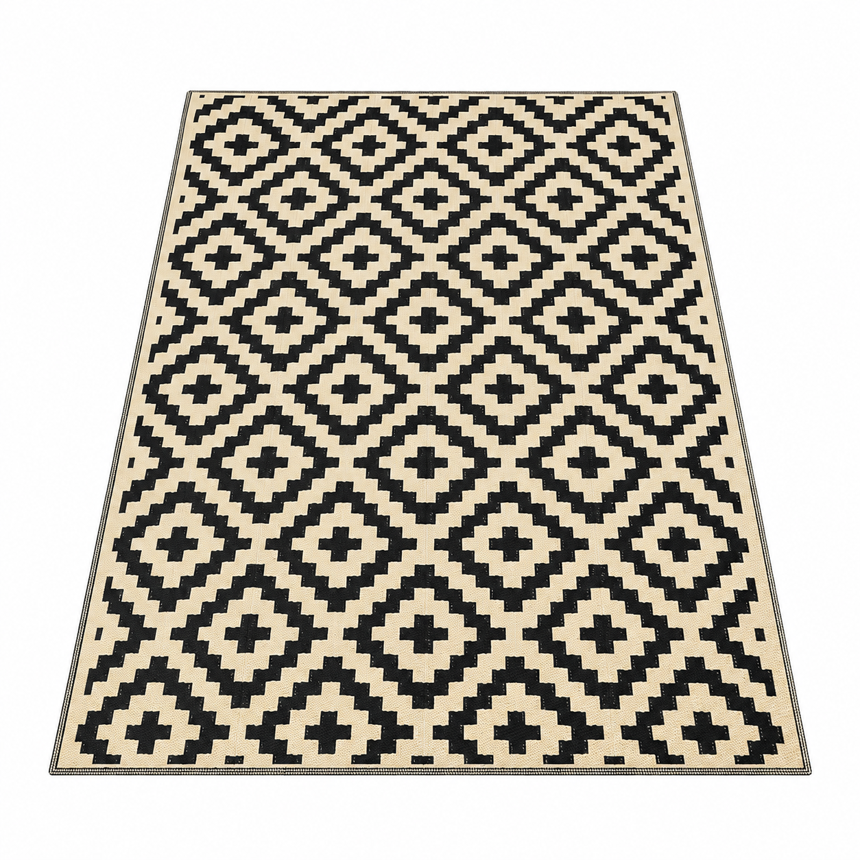 Black and beige plastic straw outdoor rug with geometric tribal pattern