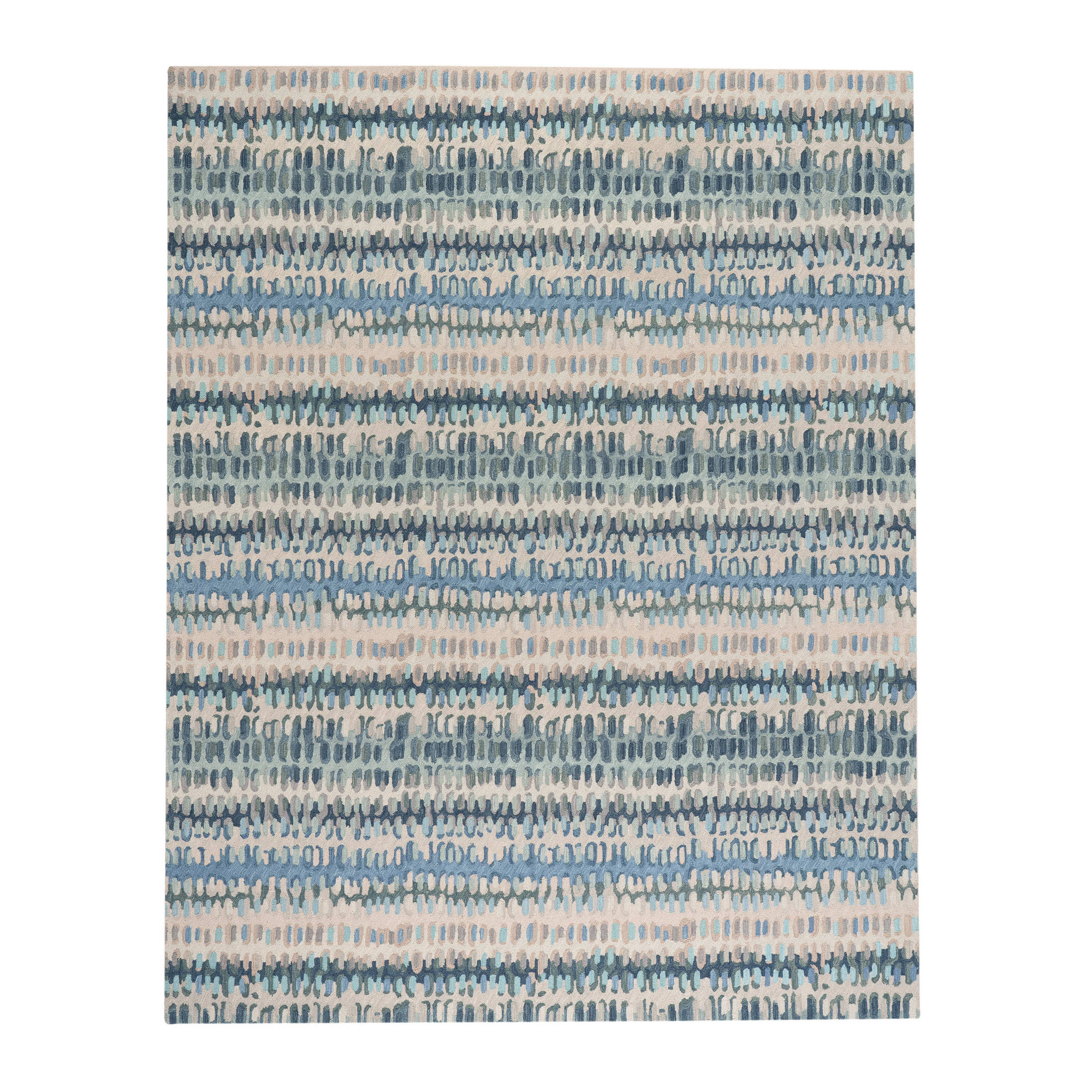 Blue abstract rug detail showing bold paint chip brushstroke pattern in navy and cobalt blue
