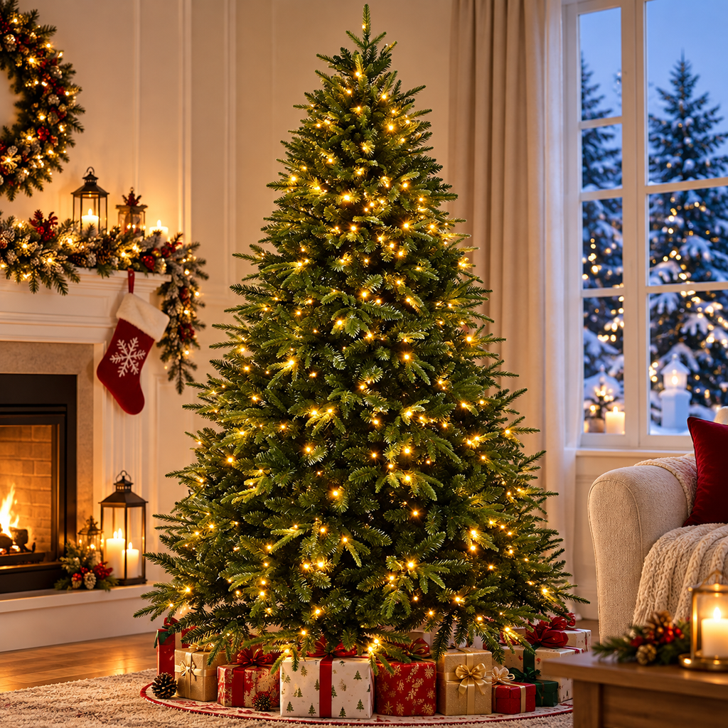 Pre-Lit Artificial Christmas Tree with Warm White LED Lights, Dense PE Mixed Branches for Indoor & Outdoor Holiday Decor
