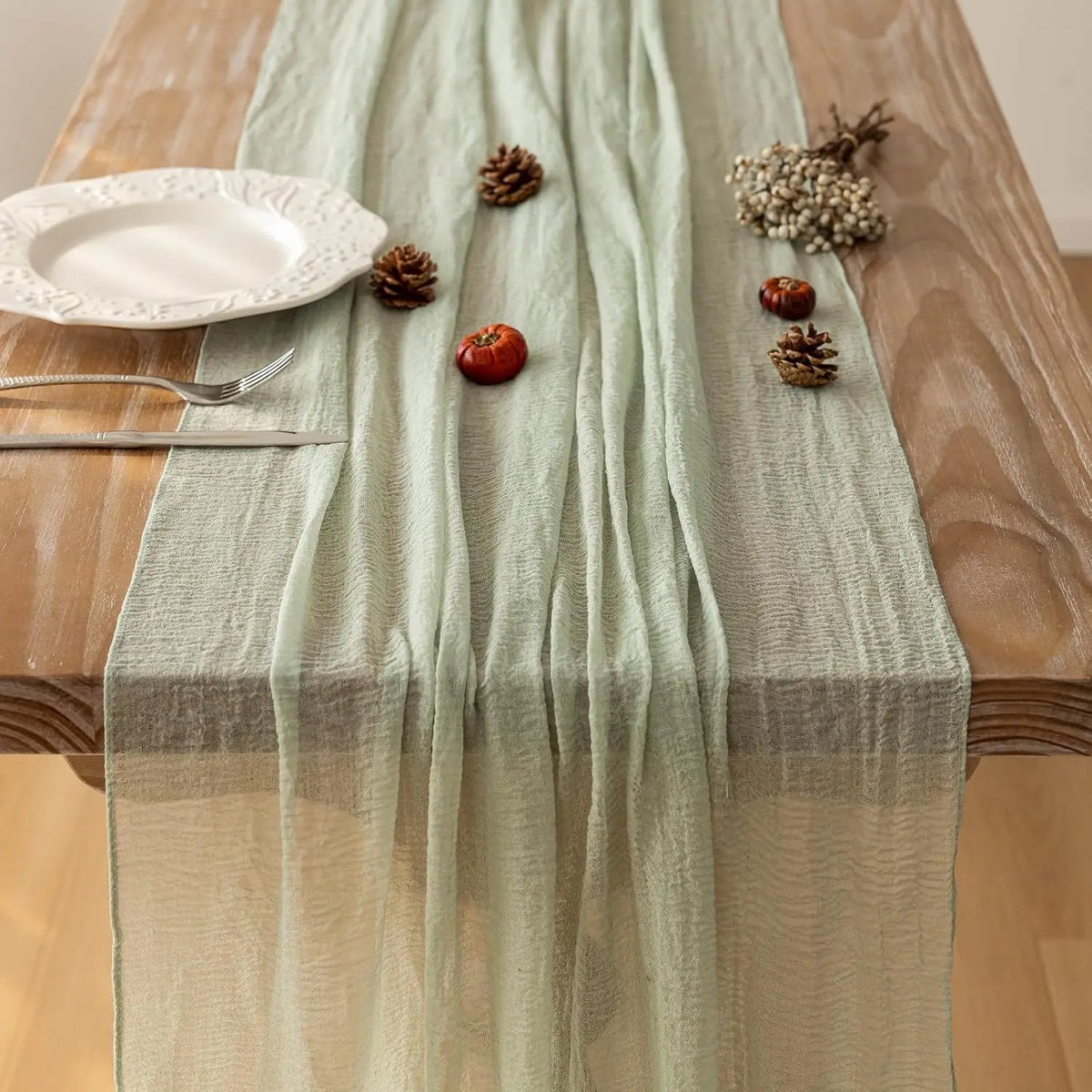 Elegant Cheesecloth Table Runner in Sage Green | Soft, Lightweight Design for Stylish Events 4