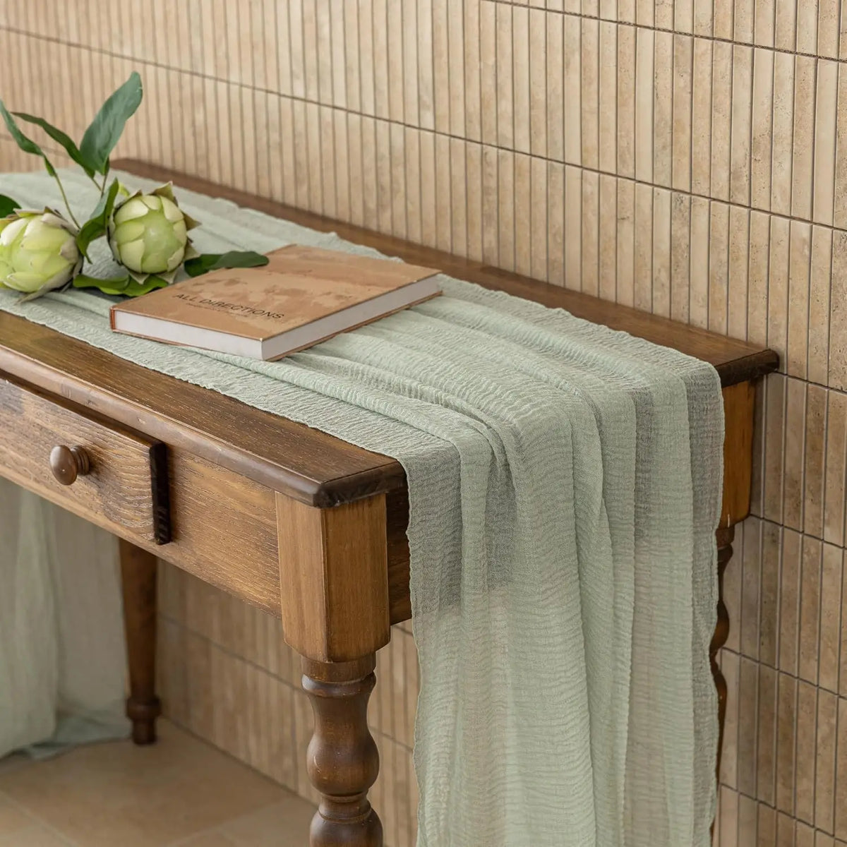 Elegant Cheesecloth Table Runner in Sage Green | Soft, Lightweight Design for Stylish Events 5