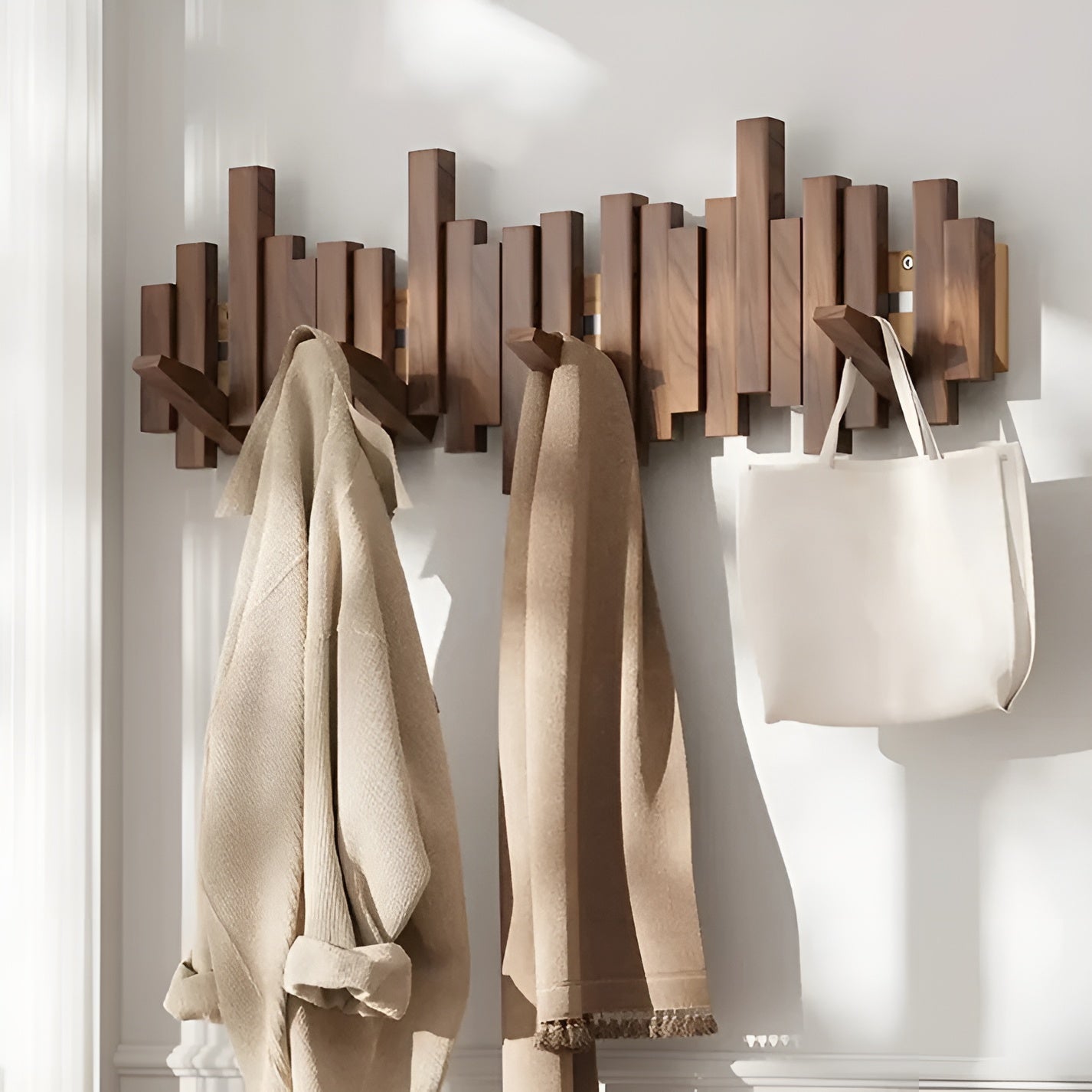 Elegant Wall Coat Rack | Solid Wood Design with Foldable Hooks for Organized Spaces 9