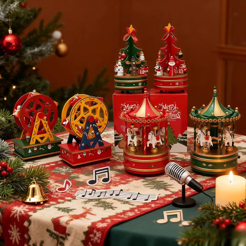 Festive Carousel | Wooden Christmas Music Box with Rotating Design | Enchanting Holiday Decoration for Joyful Celebrations 1