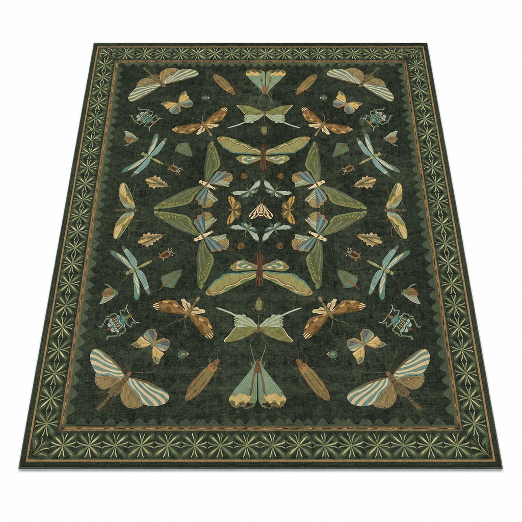 Green botanical floral and insect washable area rug with multi-colour flowers and butterflies