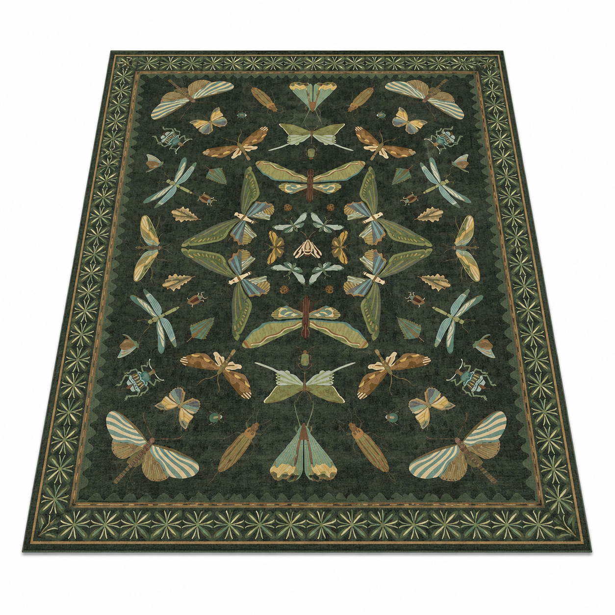 Green botanical floral and insect washable area rug with multi-colour flowers and butterflies