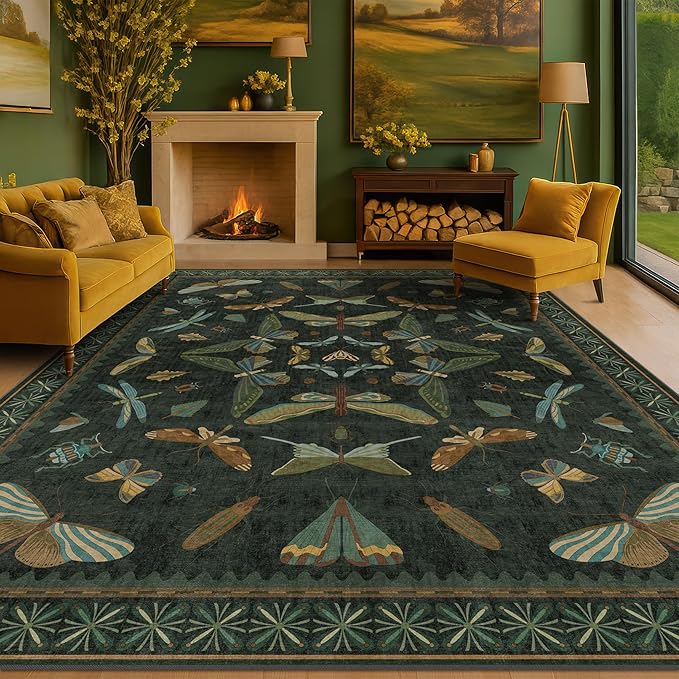 Botanical insect rug in a bedroom adding nature-inspired colour and warmth