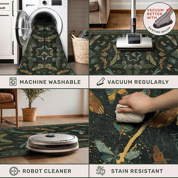 Low-pile floral rug under a dining table showing non-slip everyday durability