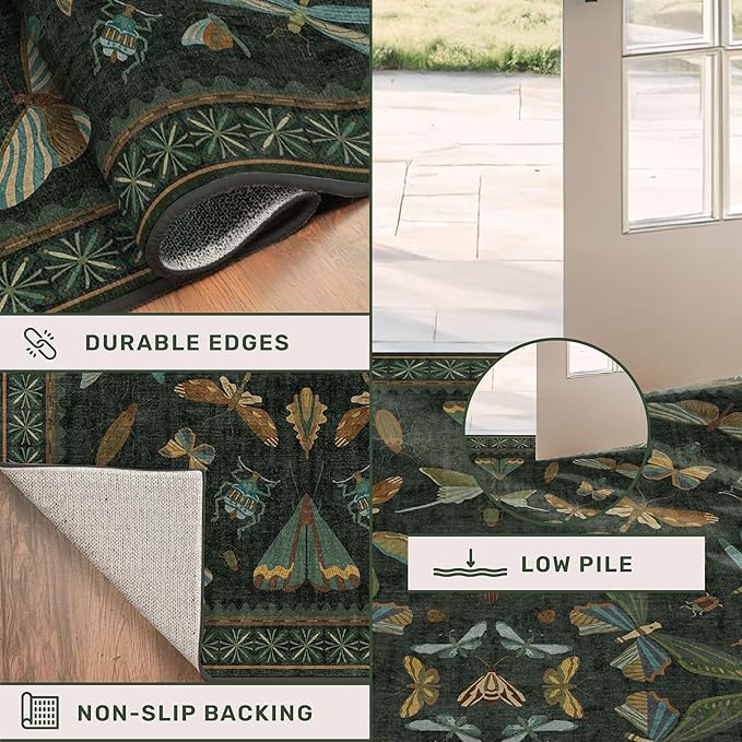 Close-up of the soft low-pile surface of the green botanical washable rug