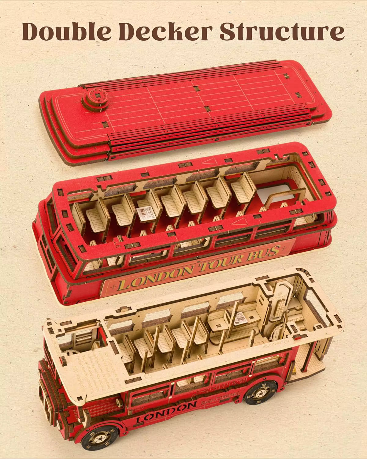 London Tour Bus | 3D Wooden Puzzle Model with Movable Wheels | Engaging Craft for Creative Builders 2