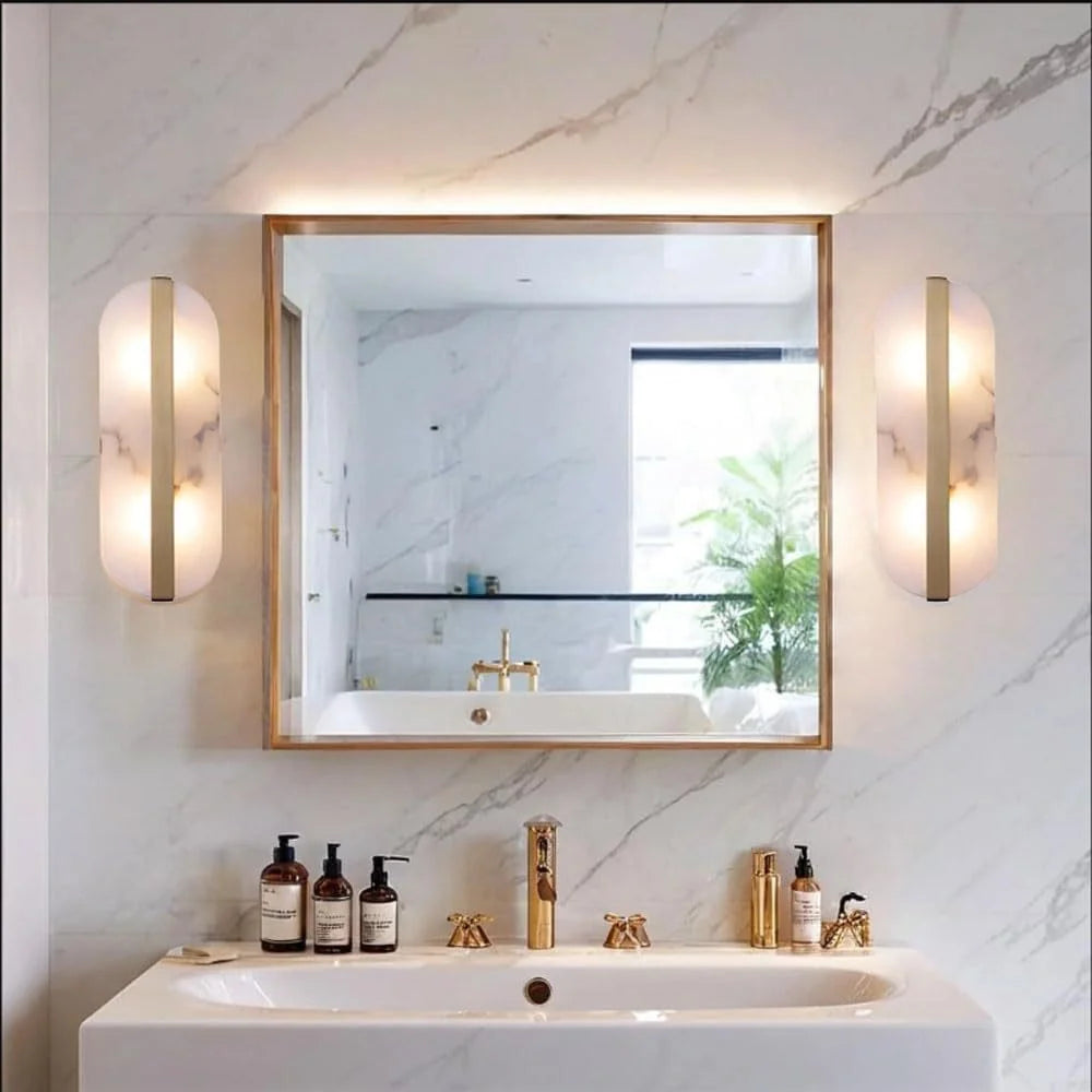 Modern Oval Wall Sconce Lighting with Marble Shade & Brass Accent | Elegant Design for Warm Ambient Illumination 3