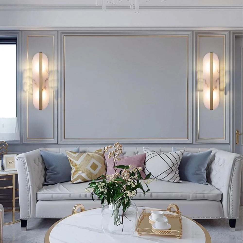 Modern Oval Wall Sconce Lighting with Marble Shade & Brass Accent | Elegant Design for Warm Ambient Illumination 4