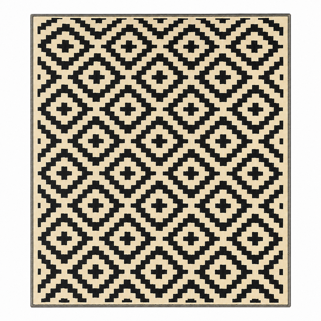 Plastic straw patio rug styled on a deck with outdoor furniture, black and beige design