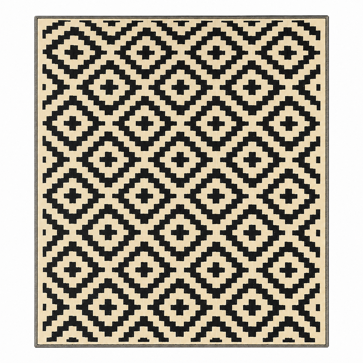 Plastic straw patio rug styled on a deck with outdoor furniture, black and beige design