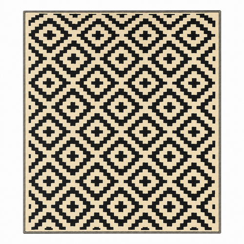 Plastic straw patio rug styled on a deck with outdoor furniture, black and beige design