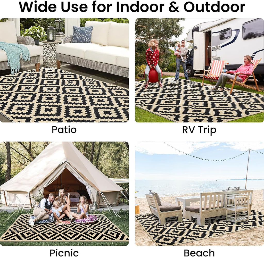 Full top view of the 5x8 black and beige plastic straw reversible outdoor rug