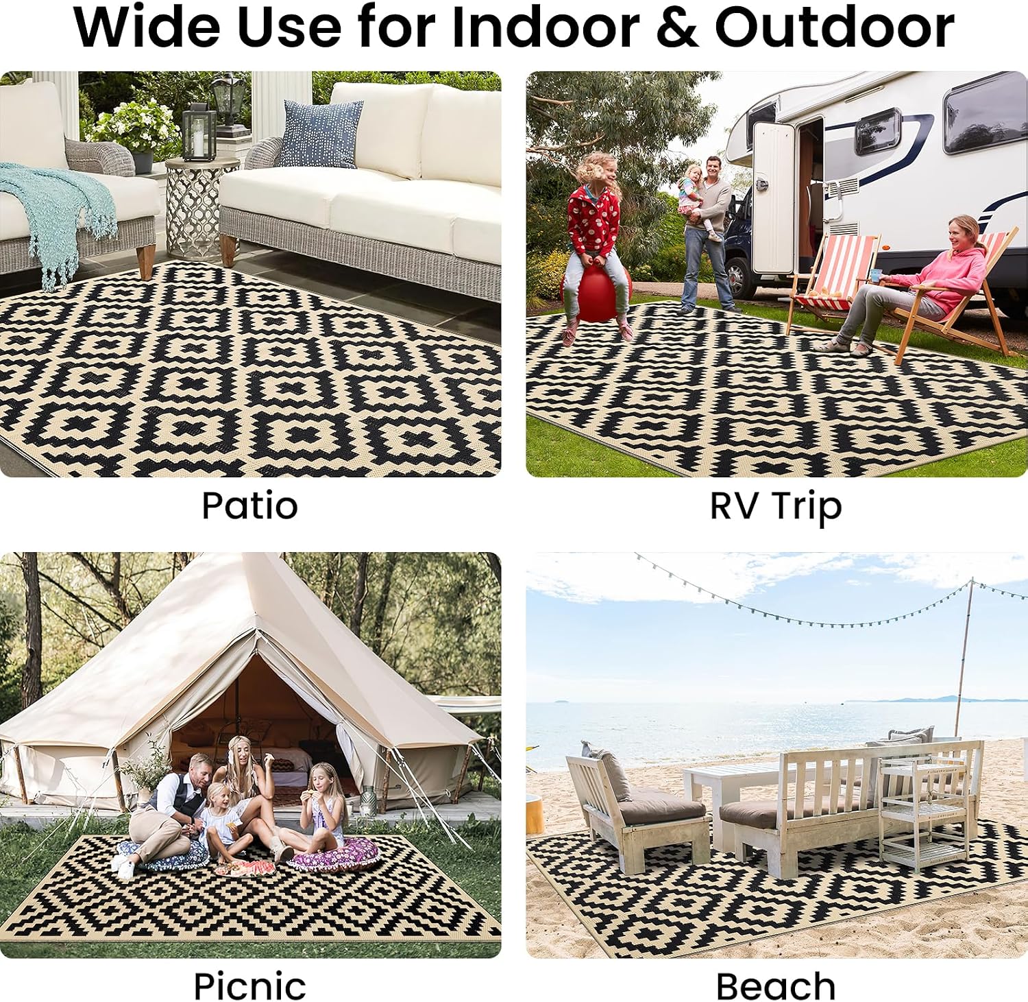 Full top view of the 5x8 black and beige plastic straw reversible outdoor rug