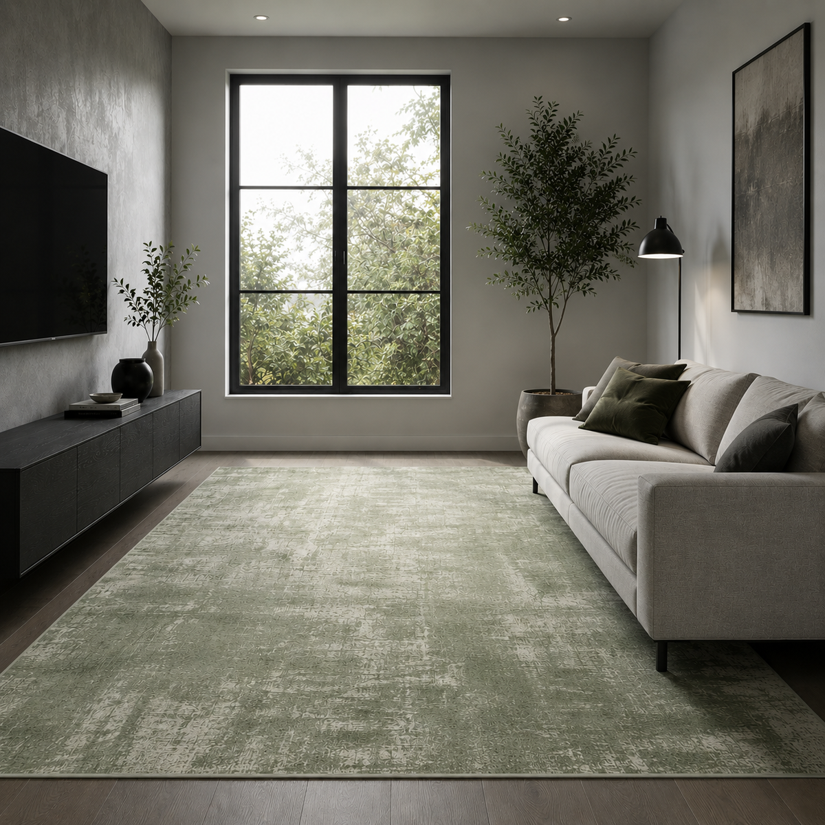 Modern Sage Green Abstract Washable Area Rug for Living Room, Bedroom & Dining Room | Soft Non-Slip Low Pile Carpet