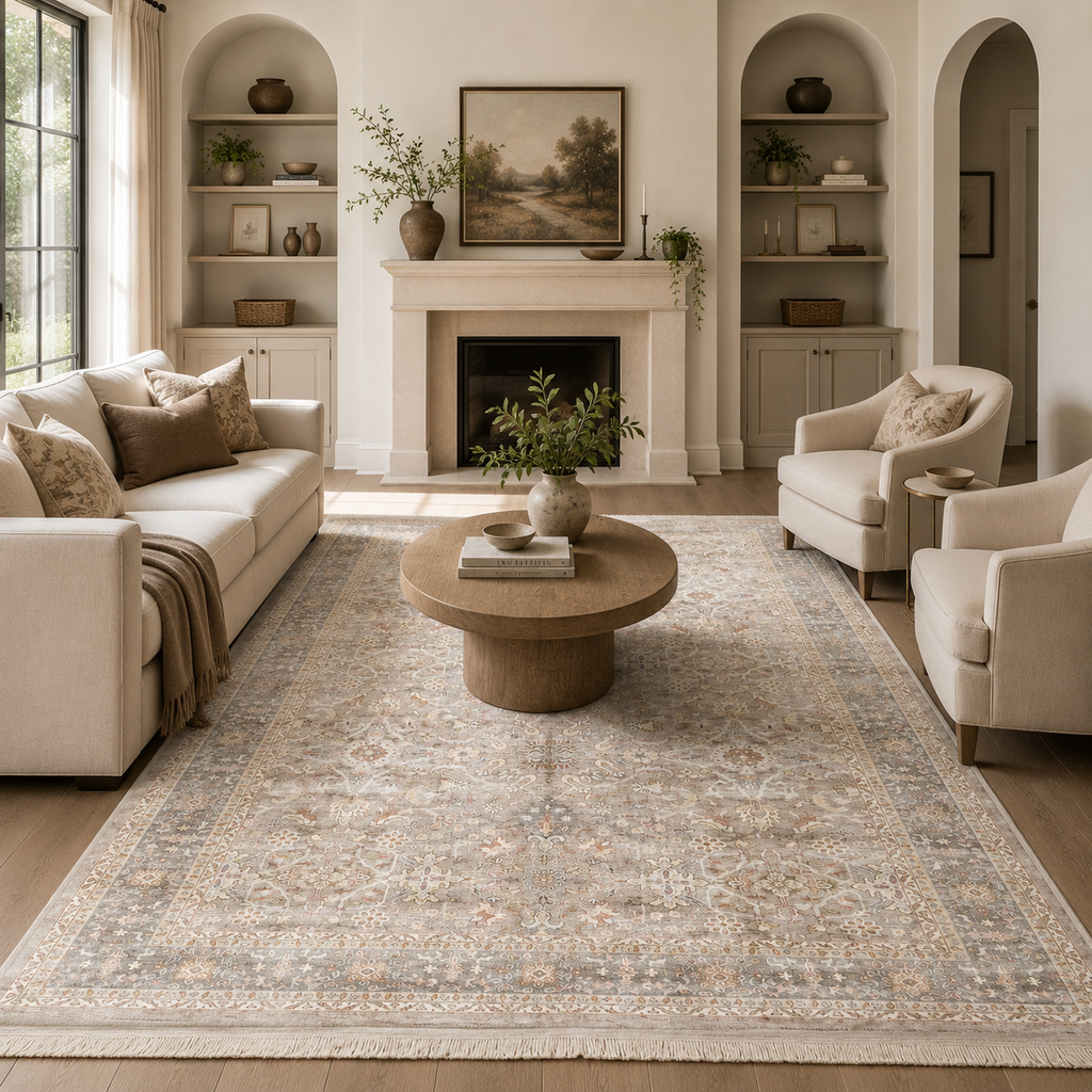 Taupe Vintage Washable Area Rug – Traditional Distressed Non-Slip Persian Style Rug