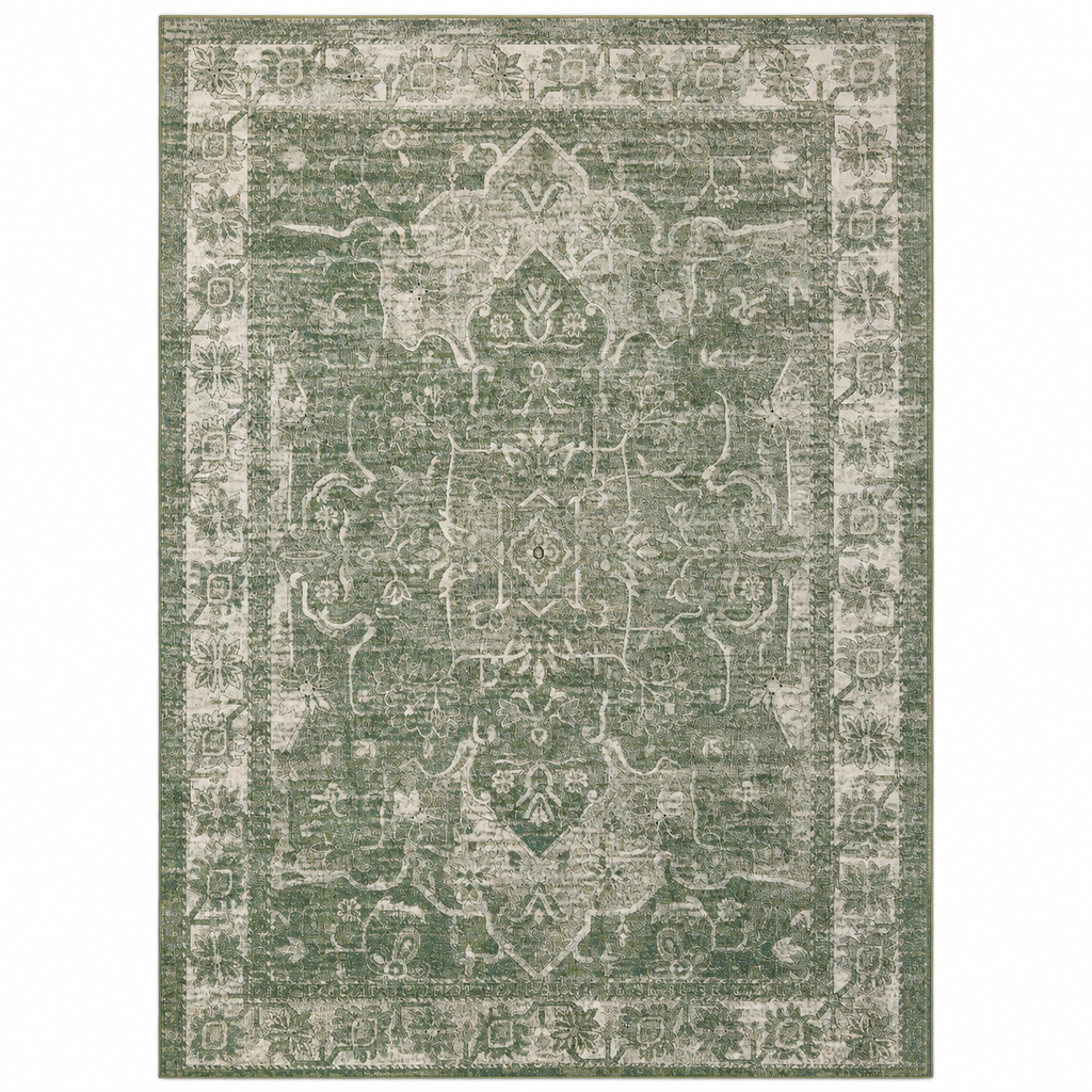 Sage Green & Ivory Vintage Distressed Persian Washable Area Rug with Non-Slip Backing
