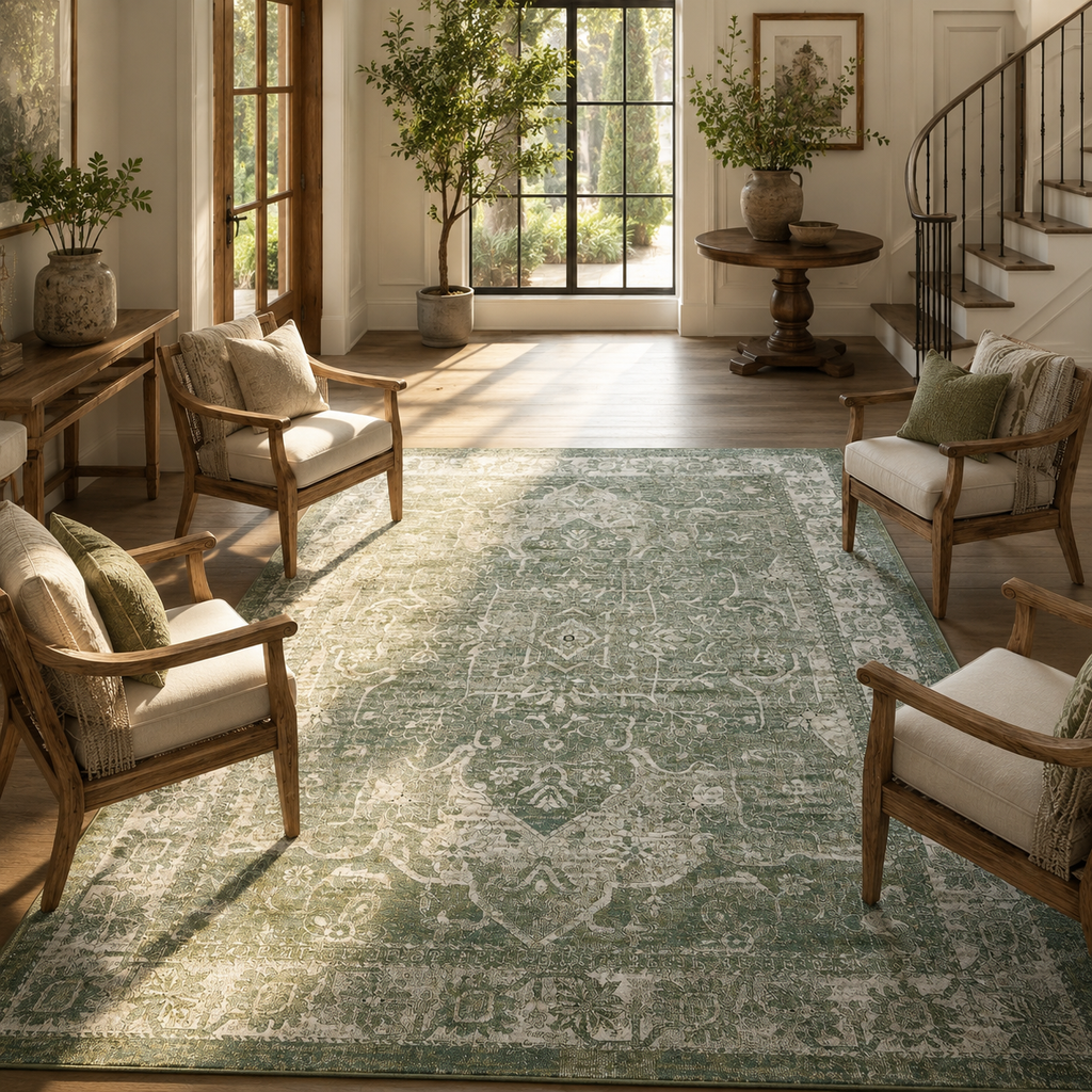 Sage Green & Ivory Vintage Distressed Persian Washable Area Rug with Non-Slip Backing