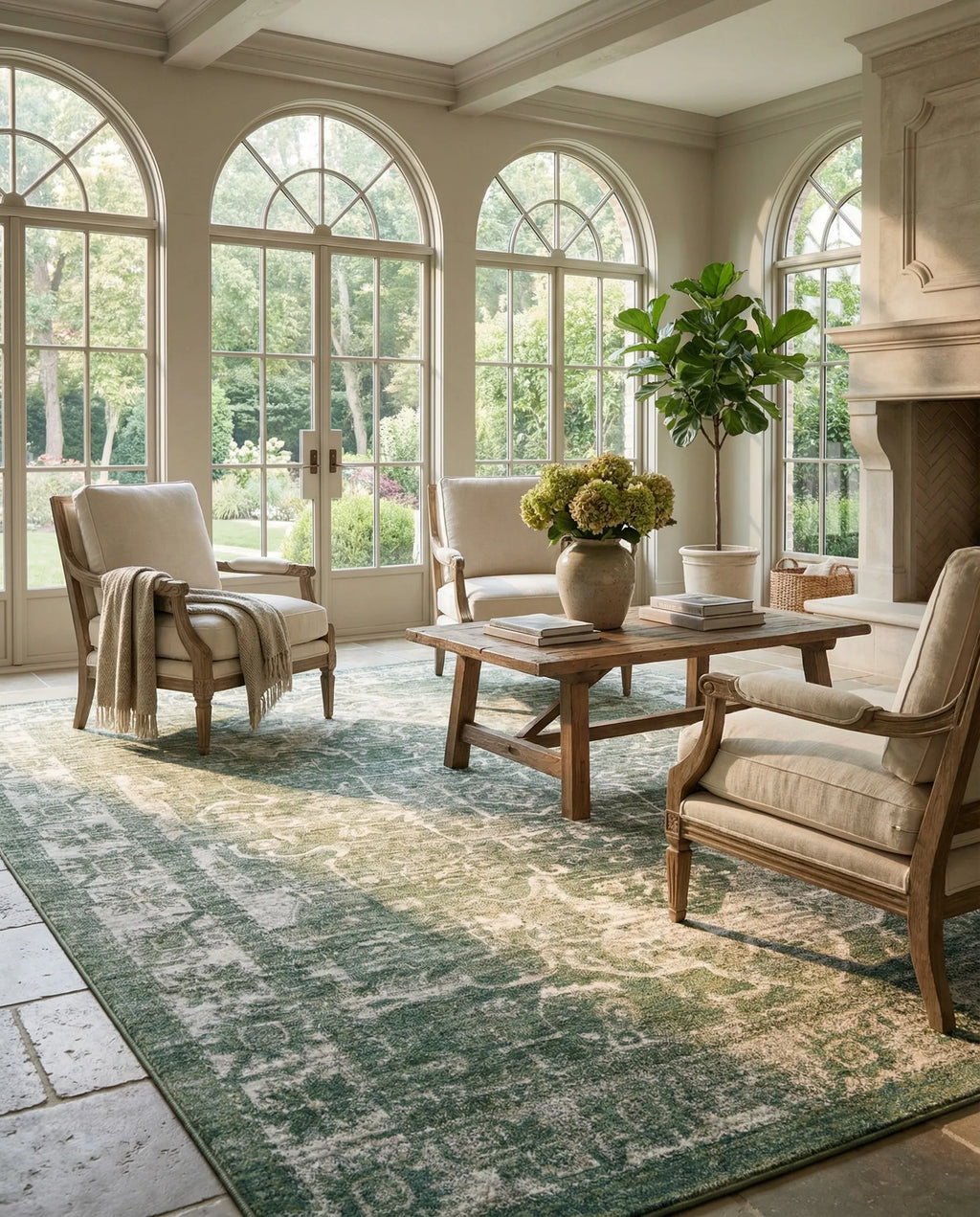 Sage Green & Ivory Vintage Distressed Persian Washable Area Rug with Non-Slip Backing