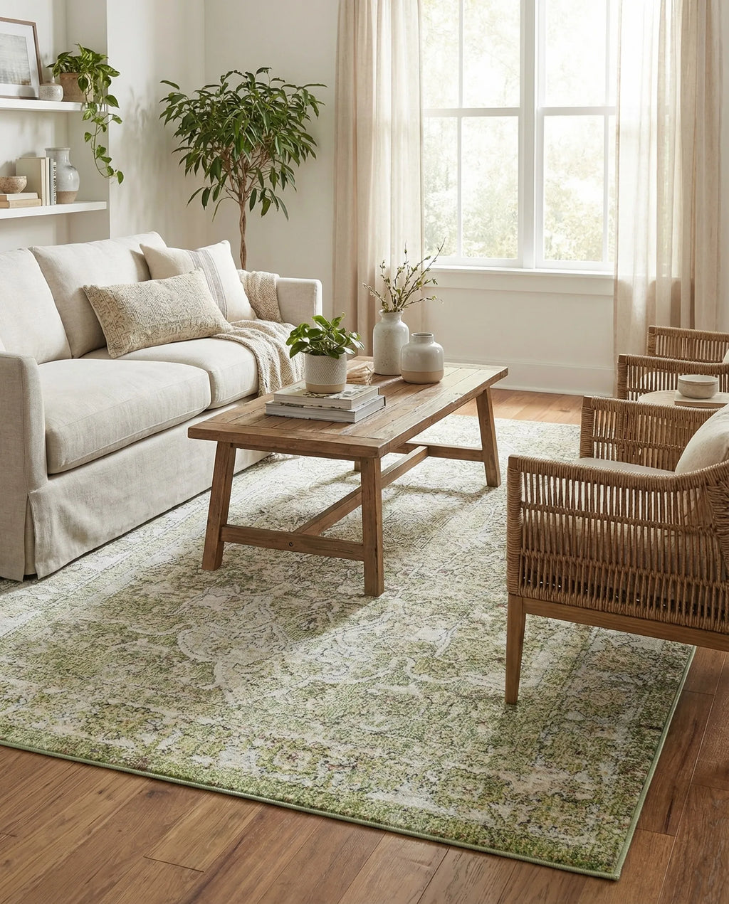 Sage Green & Ivory Vintage Distressed Persian Washable Area Rug with Non-Slip Backing
