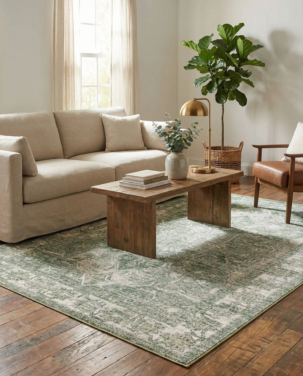 Sage Green & Ivory Vintage Distressed Persian Washable Area Rug with Non-Slip Backing