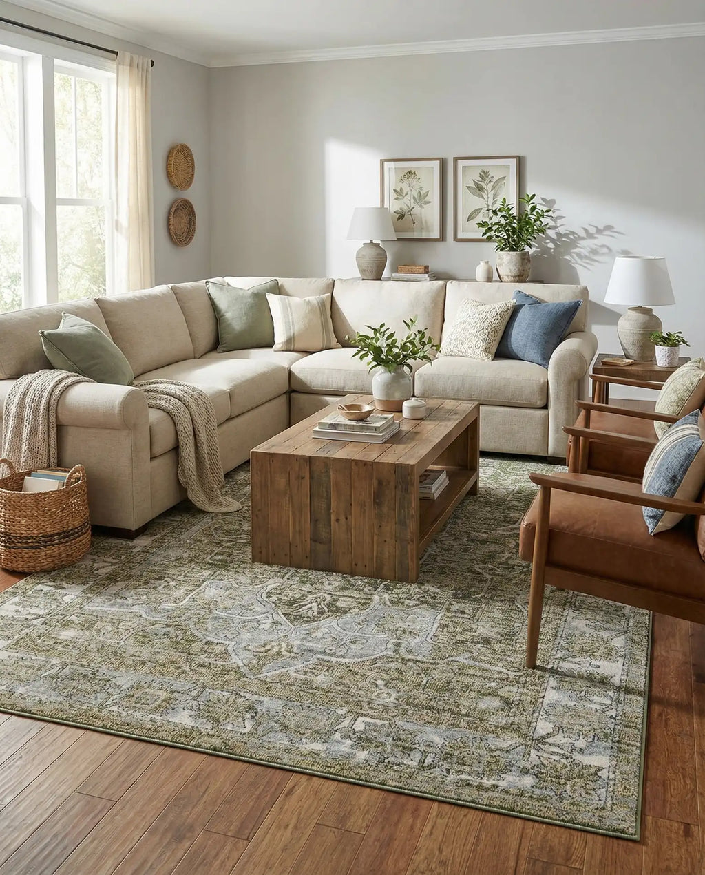 Sage Green & Ivory Vintage Distressed Persian Washable Area Rug with Non-Slip Backing