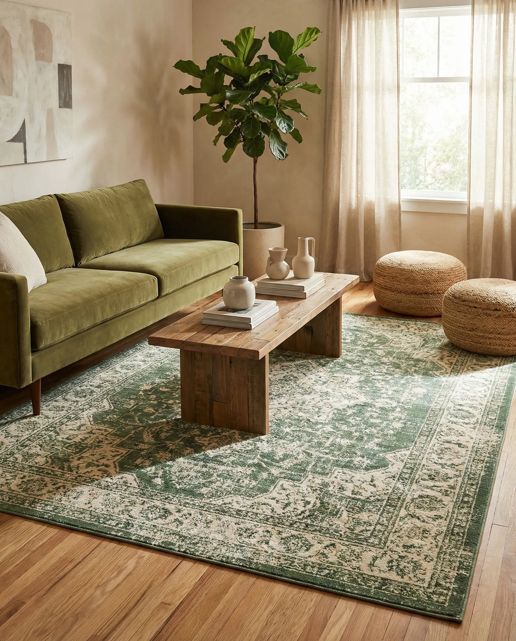 Sage Green & Ivory Vintage Distressed Persian Washable Area Rug with Non-Slip Backing