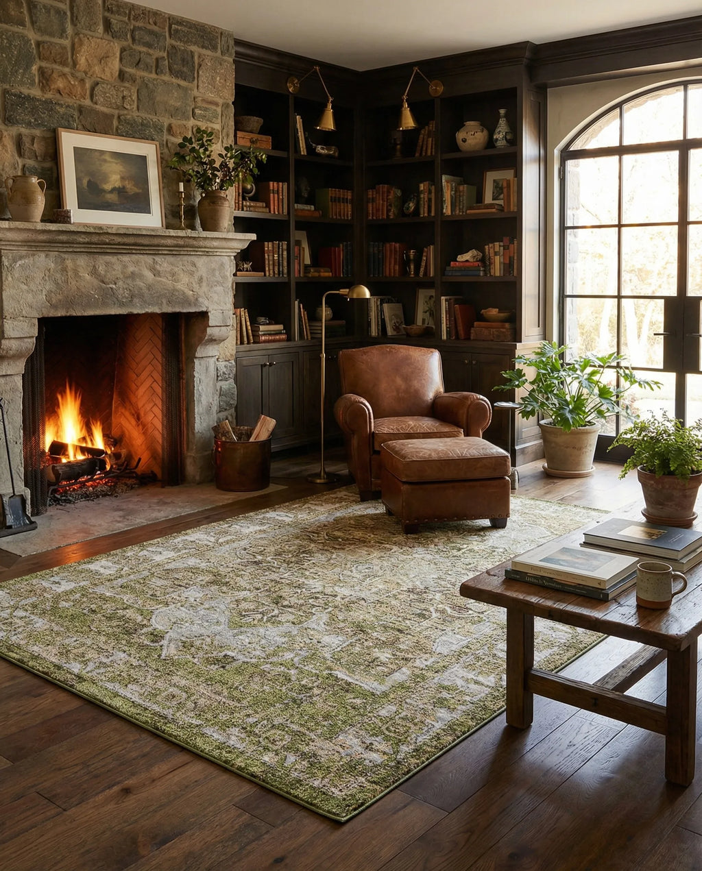 Sage Green & Ivory Vintage Distressed Persian Washable Area Rug with Non-Slip Backing
