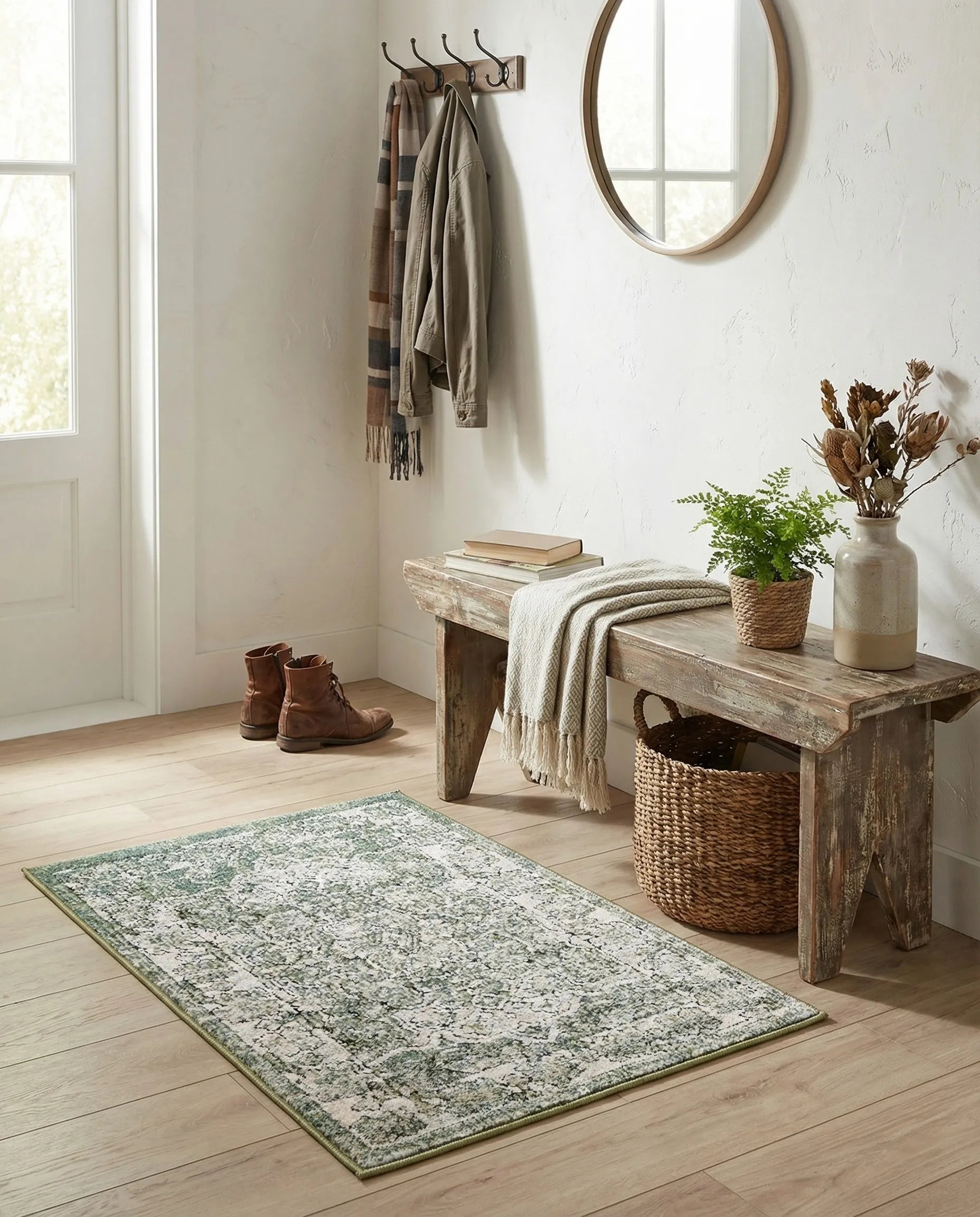 Sage Green & Ivory Vintage Distressed Persian Washable Area Rug with Non-Slip Backing