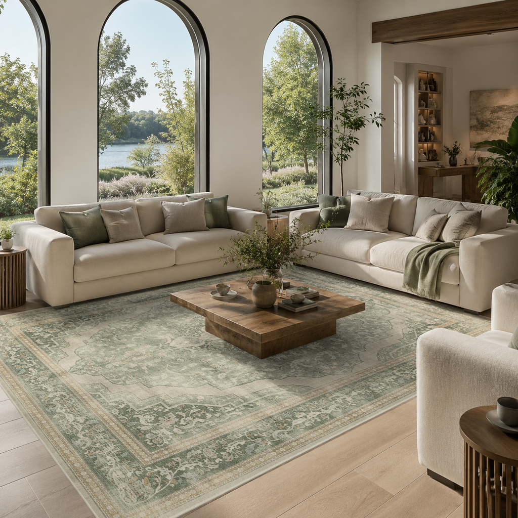 Vintage Sage Green Persian Medallion Washable Area Rug for Living Room, Bedroom & Dining Room – Soft Non-Slip Low Pile Carpet