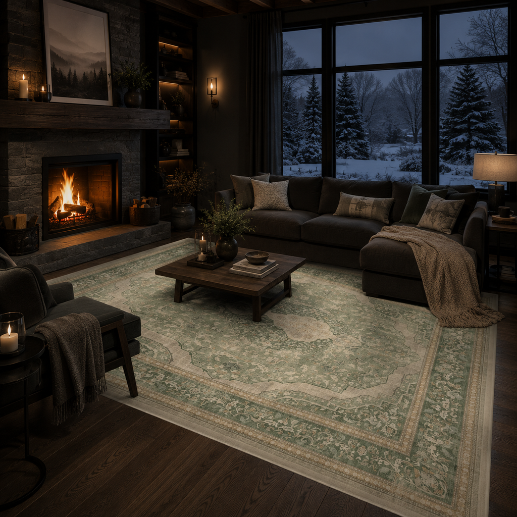 Vintage Sage Green Persian Medallion Washable Area Rug for Living Room, Bedroom & Dining Room – Soft Non-Slip Low Pile Carpet