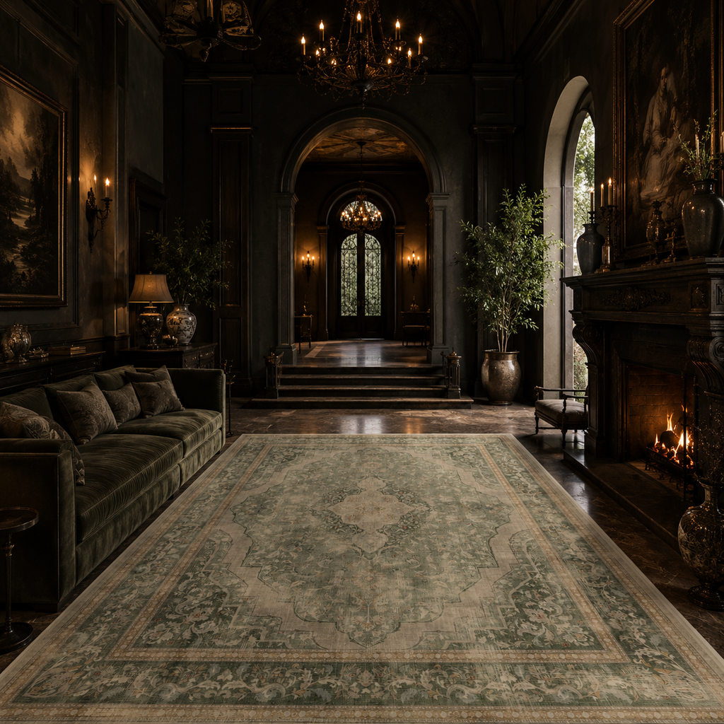 Vintage Sage Green Persian Medallion Washable Area Rug for Living Room, Bedroom & Dining Room – Soft Non-Slip Low Pile Carpet