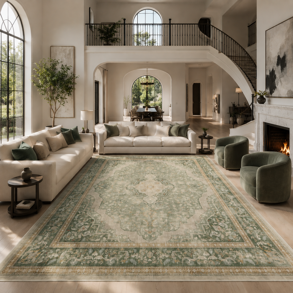 Vintage Sage Green Persian Medallion Washable Area Rug for Living Room, Bedroom & Dining Room – Soft Non-Slip Low Pile Carpet