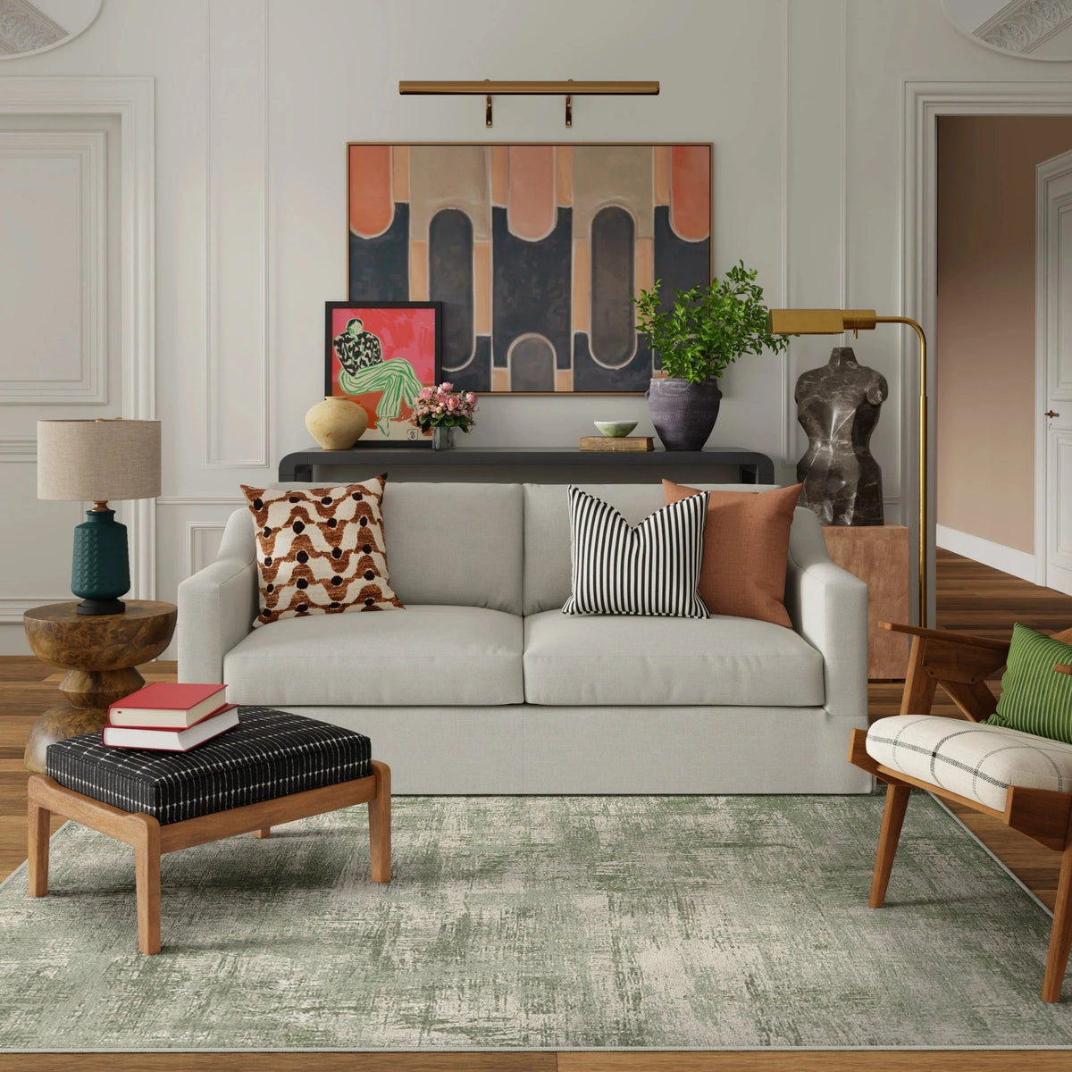 Modern Sage Green Abstract Washable Area Rug for Living Room, Bedroom & Dining Room | Soft Non-Slip Low Pile Carpet