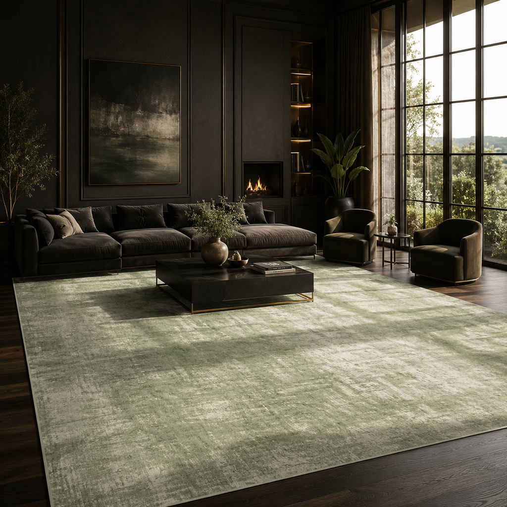Modern Sage Green Abstract Washable Area Rug for Living Room, Bedroom & Dining Room | Soft Non-Slip Low Pile Carpet