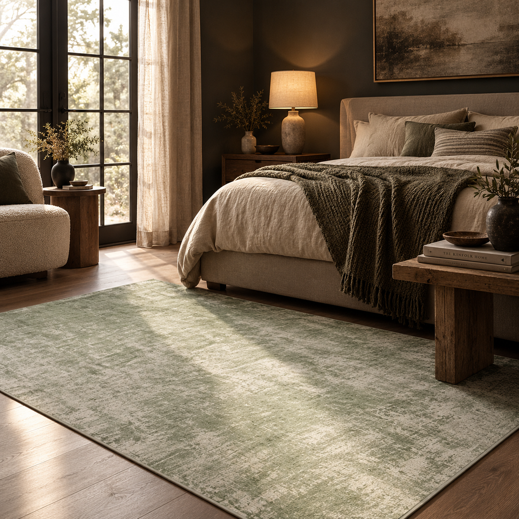 Modern Sage Green Abstract Washable Area Rug for Living Room, Bedroom & Dining Room | Soft Non-Slip Low Pile Carpet