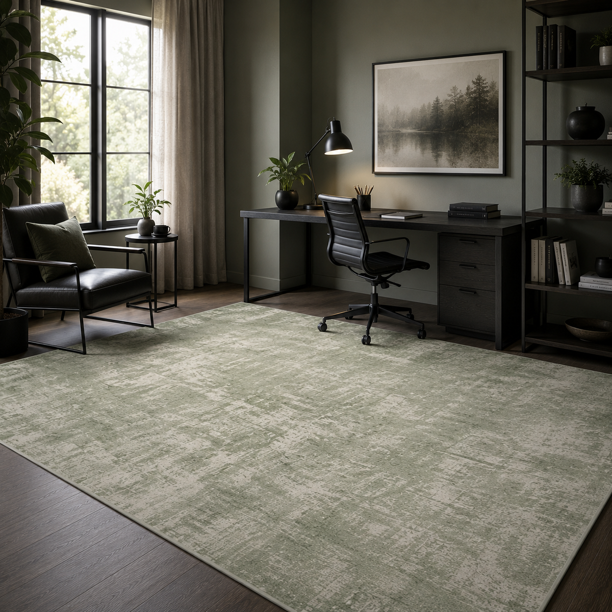 Modern Sage Green Abstract Washable Area Rug for Living Room, Bedroom & Dining Room | Soft Non-Slip Low Pile Carpet