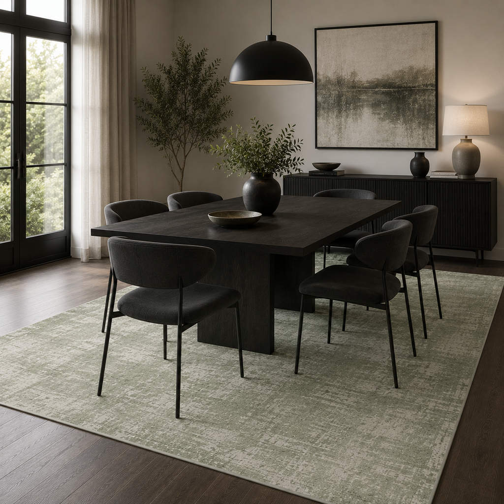 Modern Sage Green Abstract Washable Area Rug for Living Room, Bedroom & Dining Room | Soft Non-Slip Low Pile Carpet