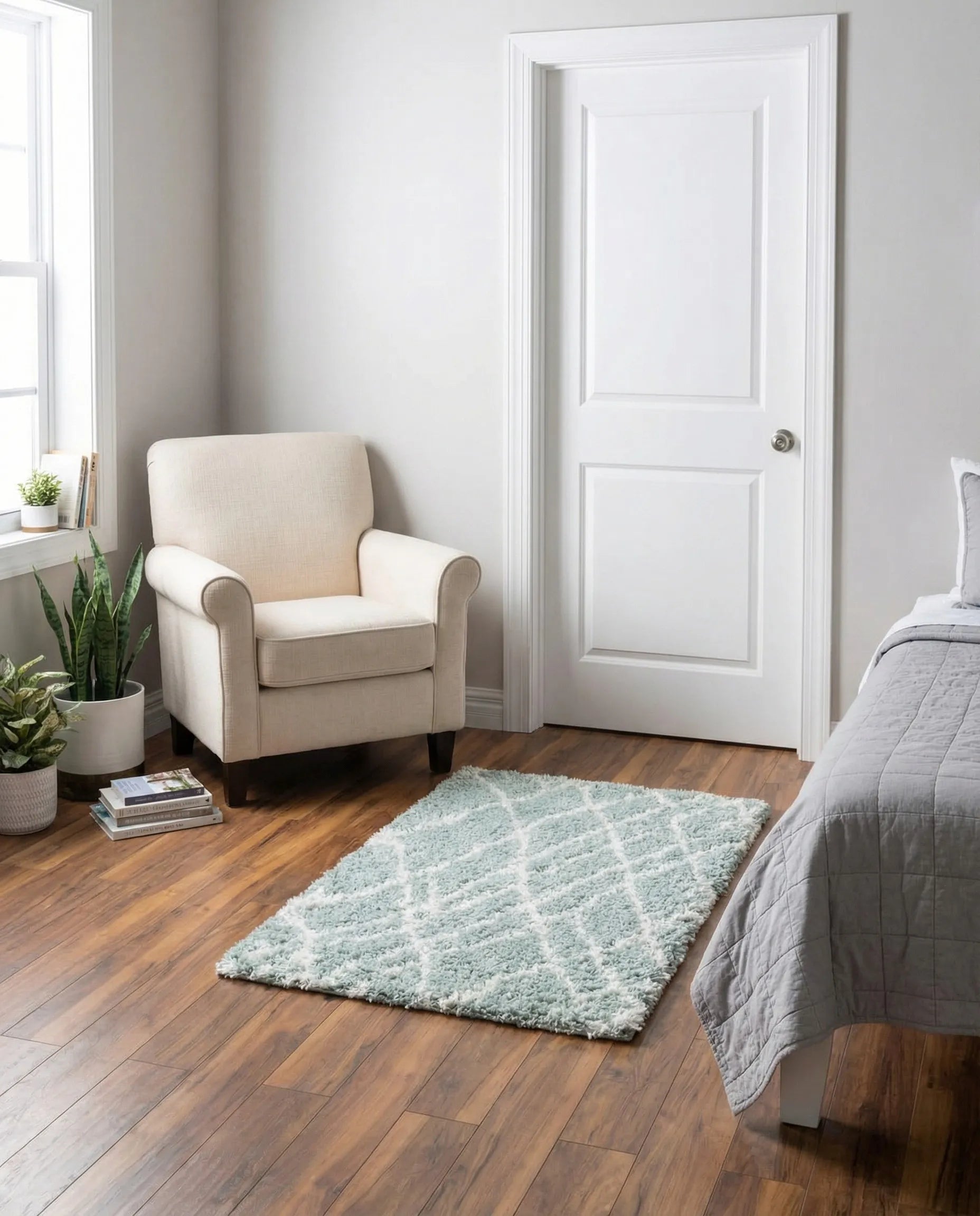 Sage Green Shag Area Rug – Soft Plush Geometric Diamond Pattern Non-Slip Bedroom & Living Room Carpet