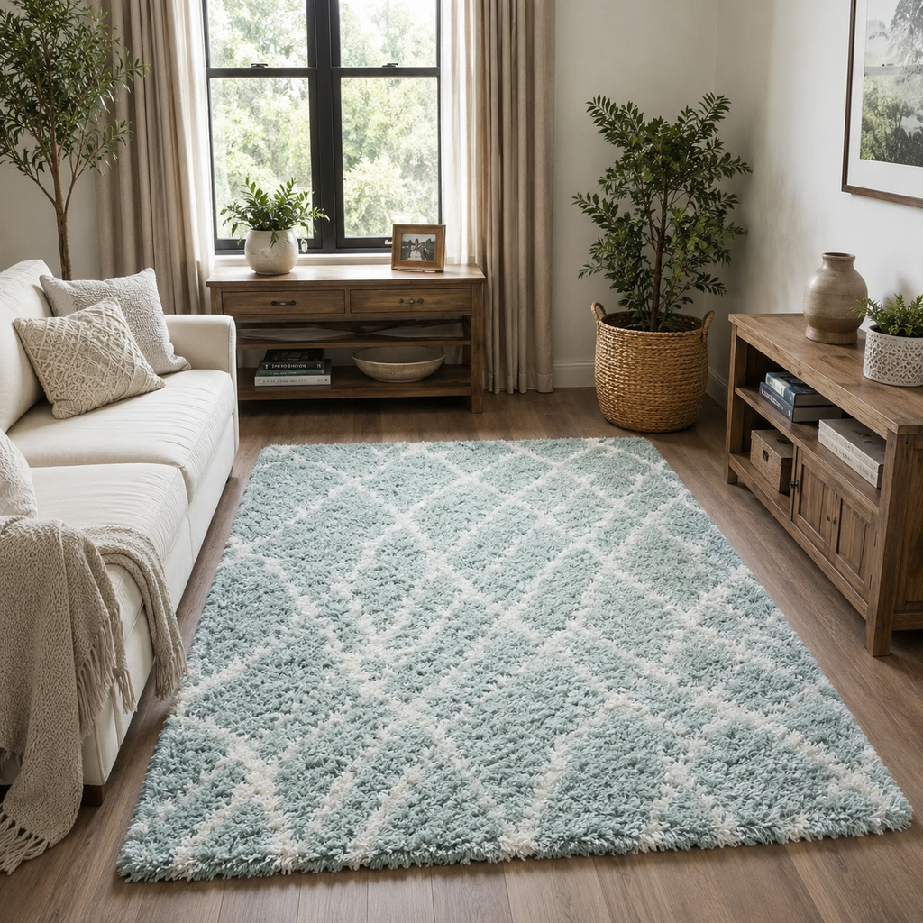 Sage Green Shag Area Rug – Soft Plush Geometric Diamond Pattern Non-Slip Bedroom & Living Room Carpet