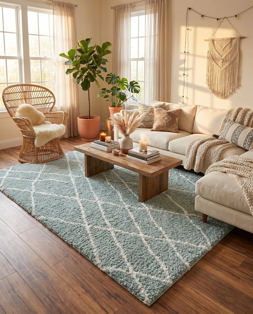 Sage Green Shag Area Rug – Soft Plush Geometric Diamond Pattern Non-Slip Bedroom & Living Room Carpet